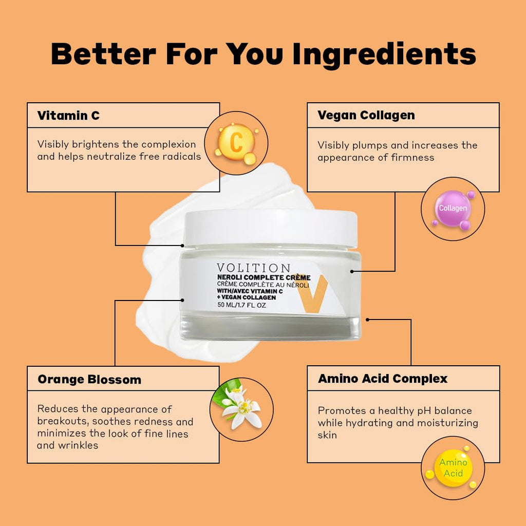 Volition Neroli Complete Crème with Vitamin C + Vegan Collagen | Hydrating Cream for Normal to Combination Skin