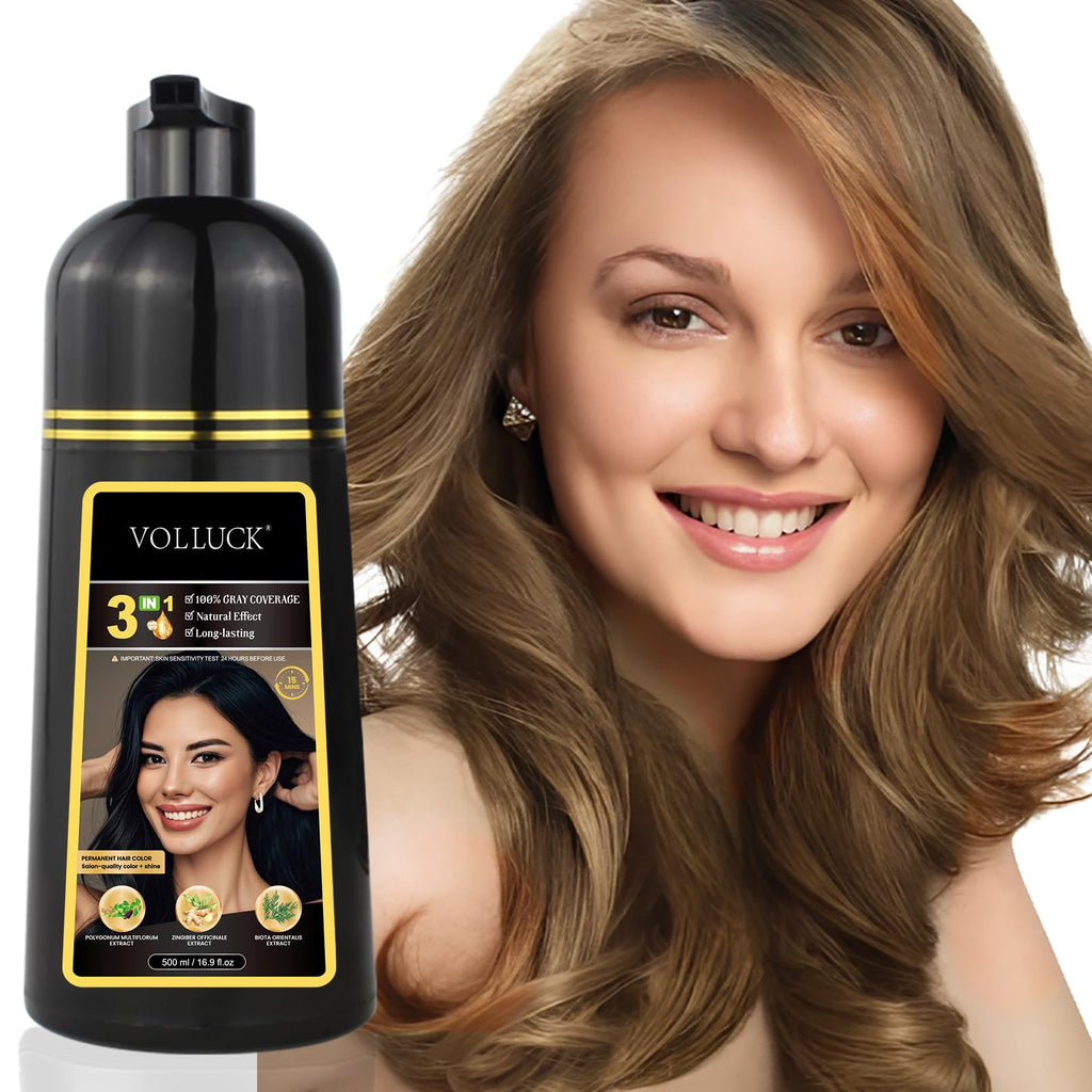 VOLLUCK Hair Dye Shampoo 3-in-1 for Long-Lasting Gray Coverage – Light Brown