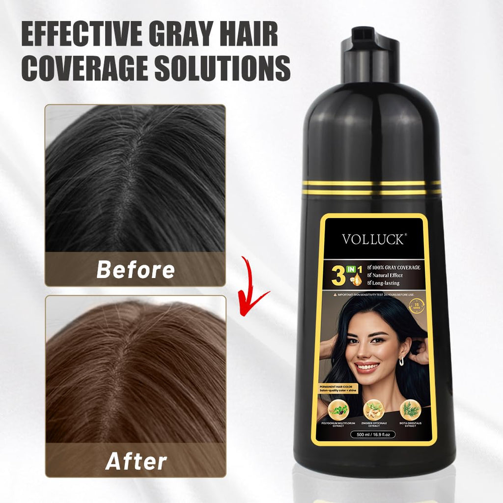 VOLLUCK Hair Dye Shampoo 3-in-1 for Long-Lasting Gray Coverage – Light Brown