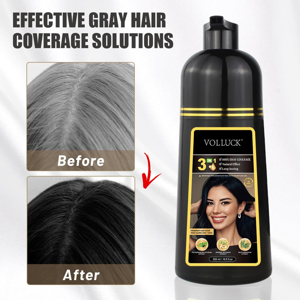 VOLLUCK Hair Dye Shampoo 3-in-1 for Gray Coverage | Long-Lasting Color