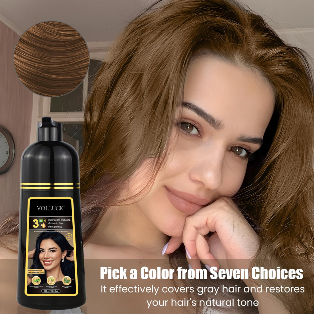 VOLLUCK Hair Dye Shampoo 3-in-1 for Long-Lasting Gray Coverage – Light Brown