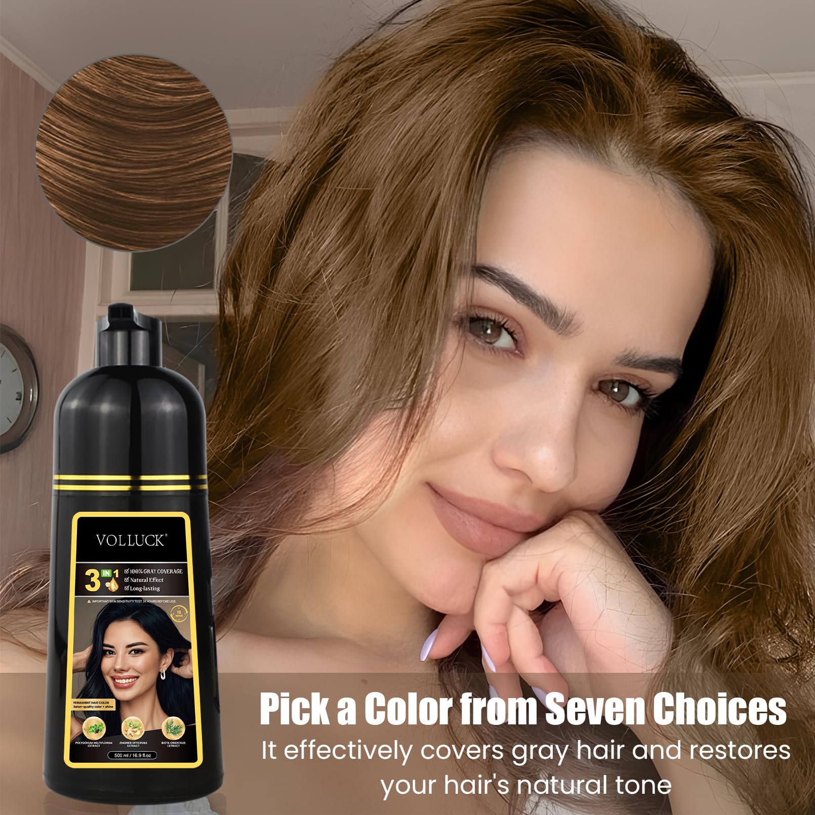 VOLLUCK Hair Dye Shampoo 3-in-1 for Long-Lasting Gray Coverage – Light Brown