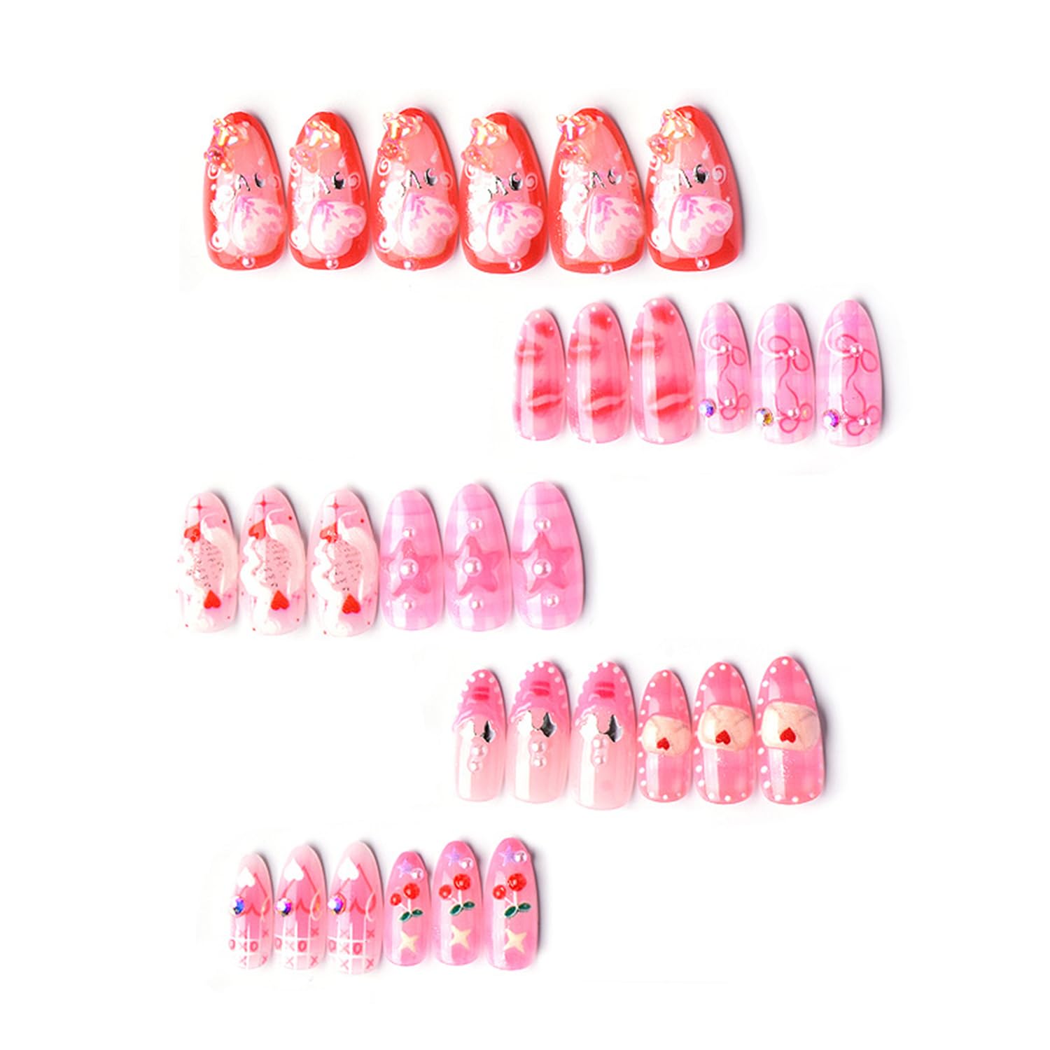 Vopintpy Romantic Valentines Press-On Nails – 24-Piece Medium Almond Set with Little Bear, Pink Heart Bow, Cherry & Star Designs