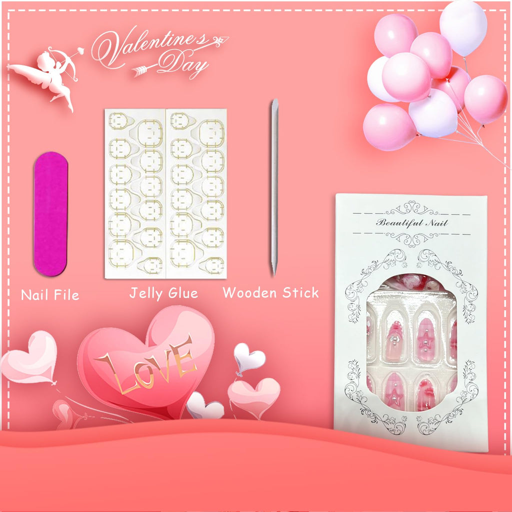 Vopintpy Romantic Valentines Press-On Nails – 24-Piece Medium Almond Set with Little Bear, Pink Heart Bow, Cherry & Star Designs