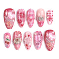 Vopintpy Romantic Valentines Press-On Nails – 24-Piece Medium Almond Set with Little Bear, Pink Heart Bow, Cherry & Star Designs