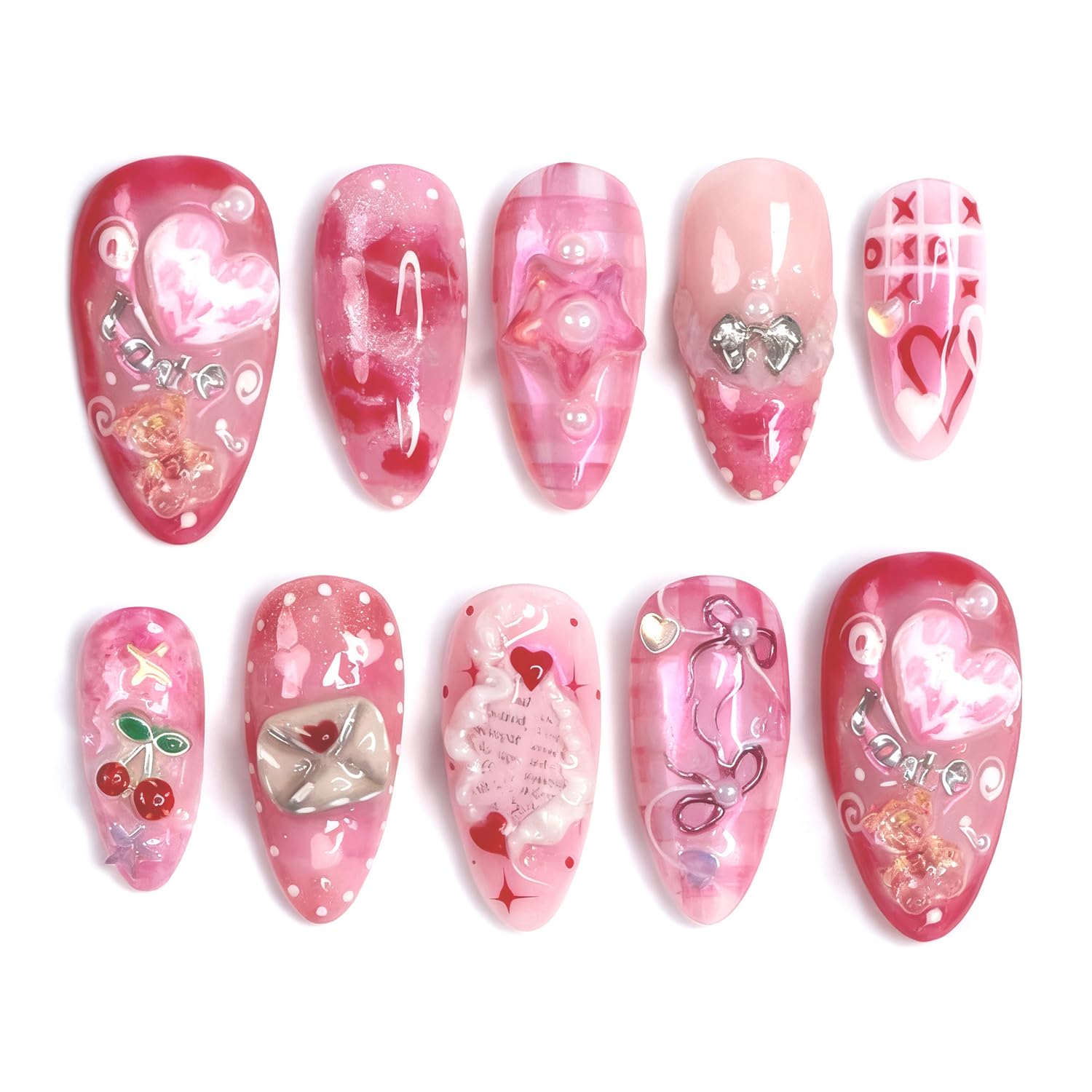 Vopintpy Romantic Valentines Press-On Nails – 24-Piece Medium Almond Set with Little Bear, Pink Heart Bow, Cherry & Star Designs