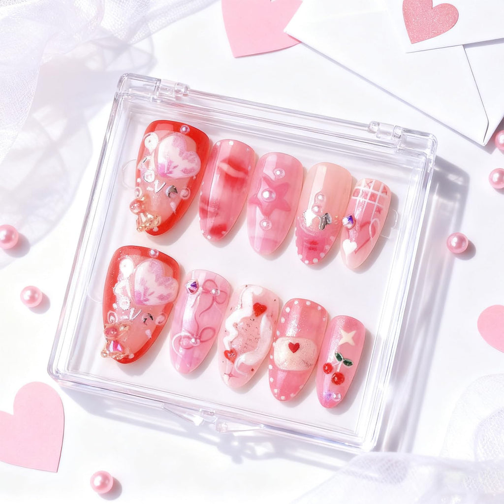 Vopintpy Romantic Valentines Press-On Nails – 24-Piece Medium Almond Set with Little Bear, Pink Heart Bow, Cherry & Star Designs