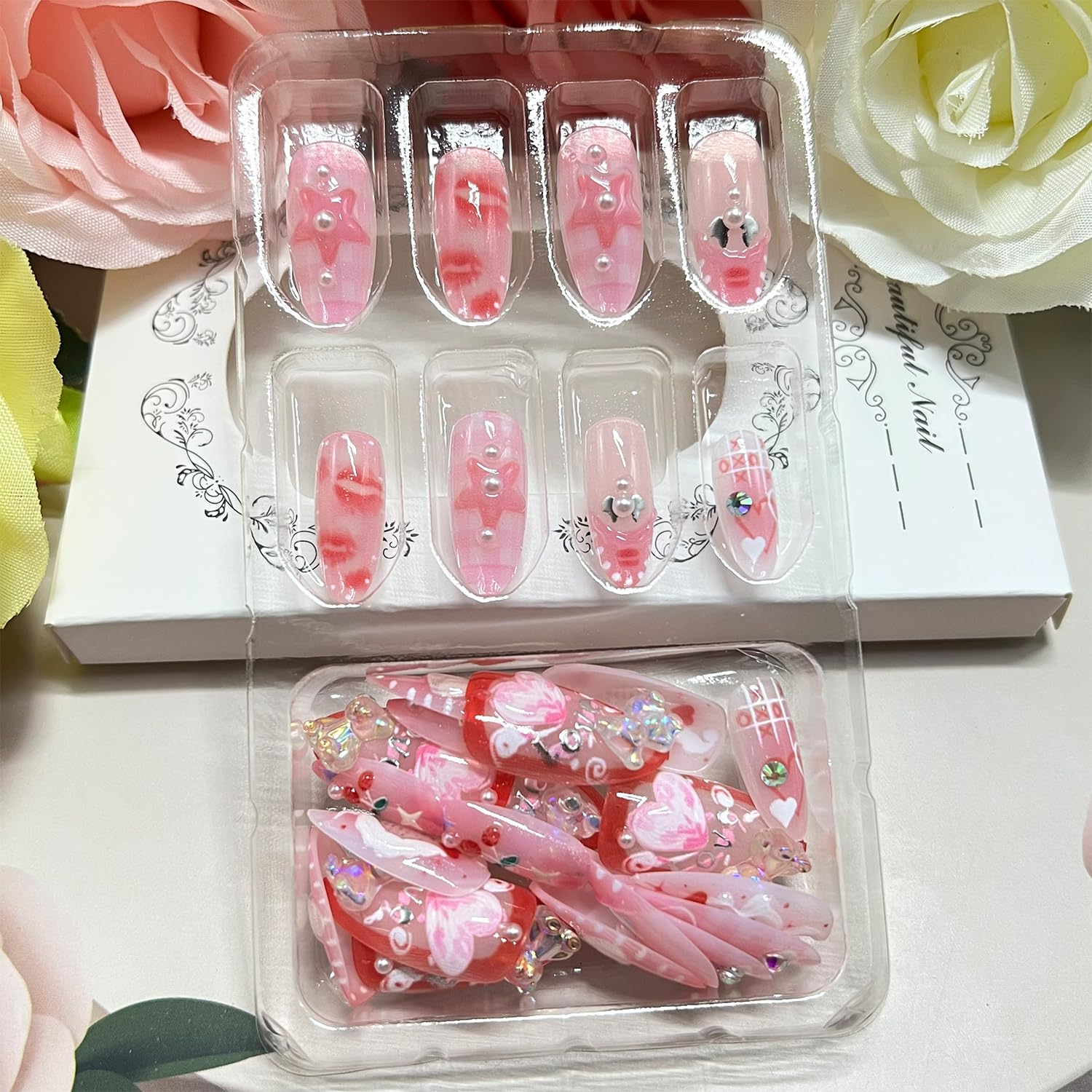 Vopintpy Romantic Valentines Press-On Nails – 24-Piece Medium Almond Set with Little Bear, Pink Heart Bow, Cherry & Star Designs