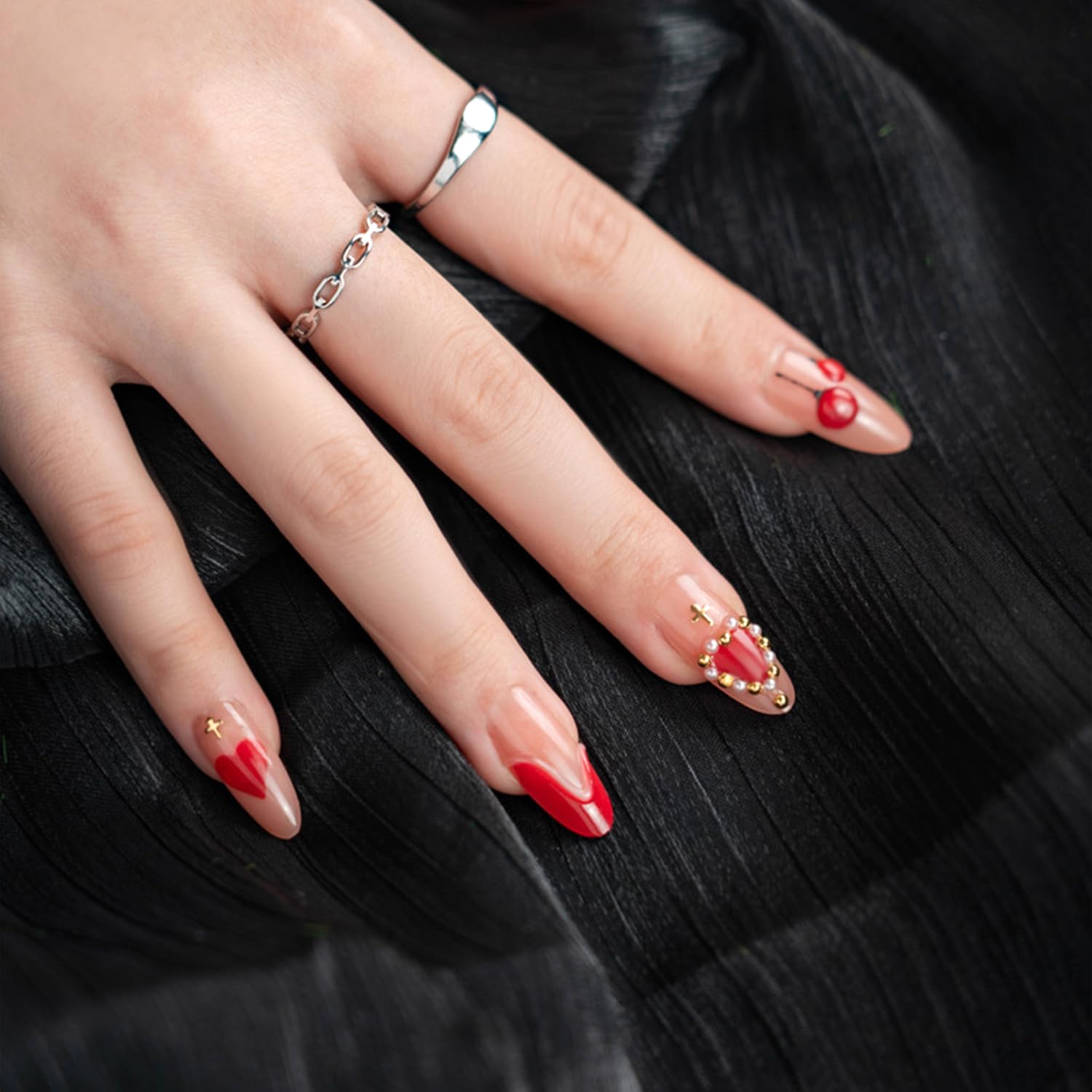 Vopintpy Romantic Valentines Press On Nails – 24 Pcs Red Heart 3D Design with Gold Stars & Pearl Shine