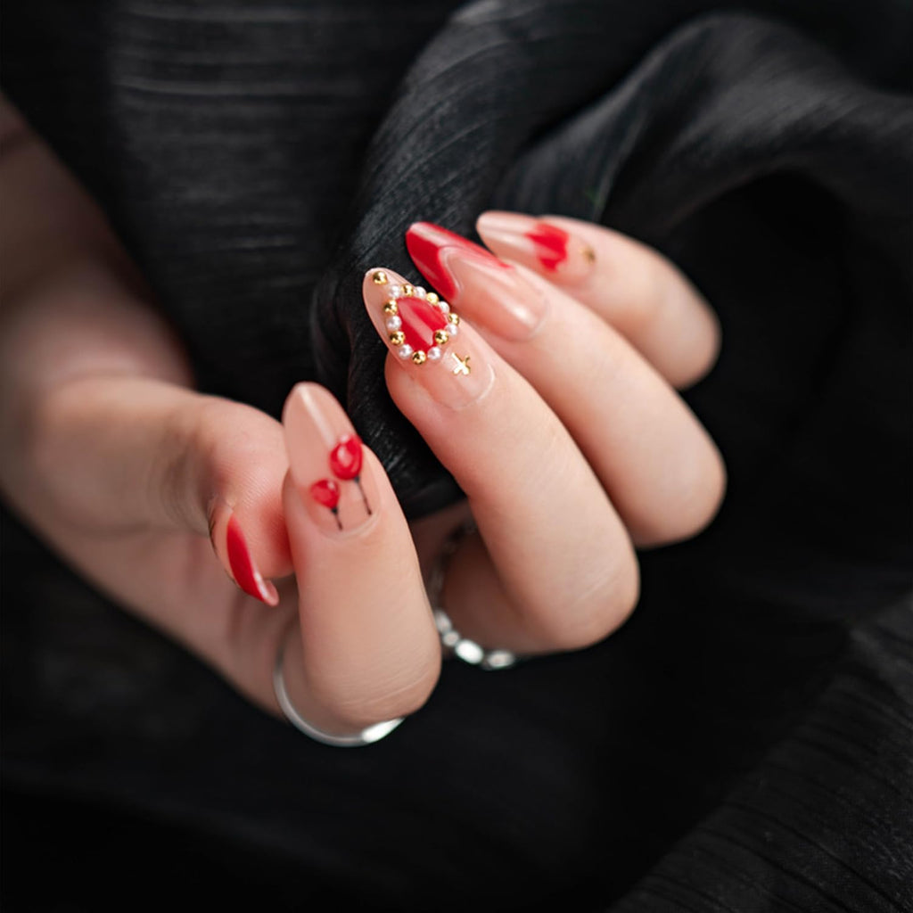 Vopintpy Romantic Valentines Press On Nails – 24 Pcs Red Heart 3D Design with Gold Stars & Pearl Shine
