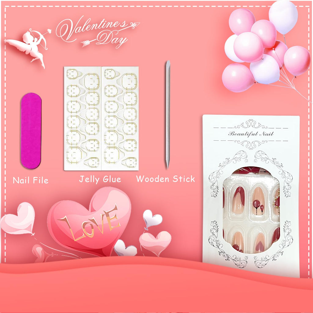 Vopintpy Romantic Valentines Press On Nails – 24 Pcs Red Heart 3D Design with Gold Stars & Pearl Shine