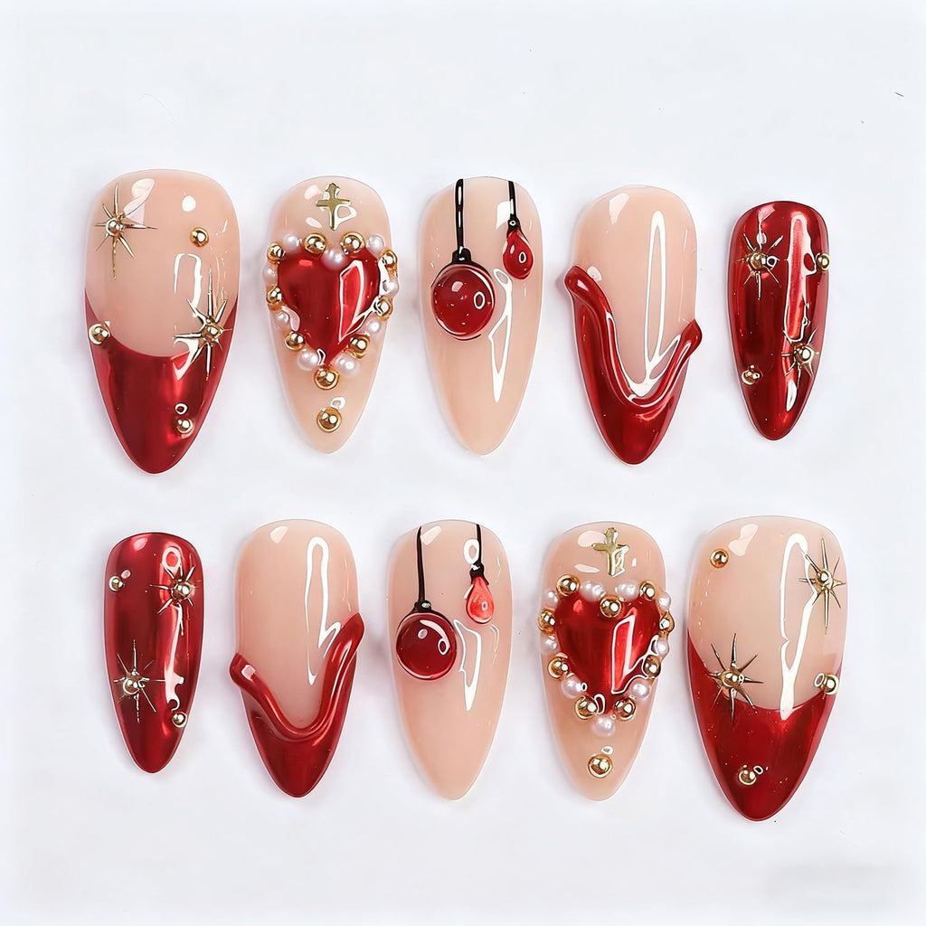 Vopintpy Romantic Valentines Press On Nails – 24 Pcs Red Heart 3D Design with Gold Stars & Pearl Shine