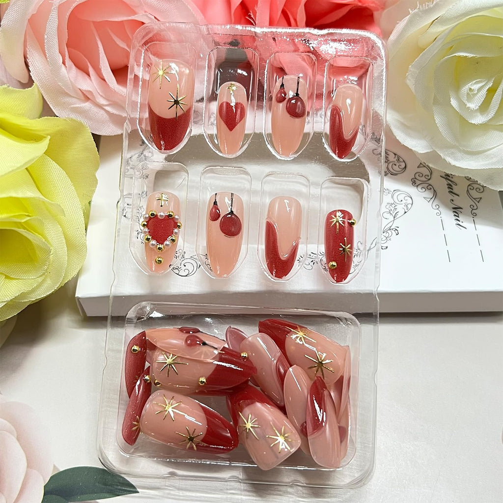 Vopintpy Romantic Valentines Press On Nails – 24 Pcs Red Heart 3D Design with Gold Stars & Pearl Shine