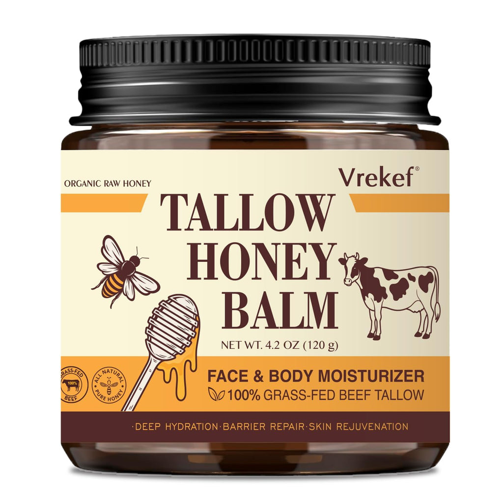VREKEF Beef Tallow Balm for Skin – Grass-Fed Tallow, Honey, Sea Buckthorn & Shea Butter (4.2 oz)