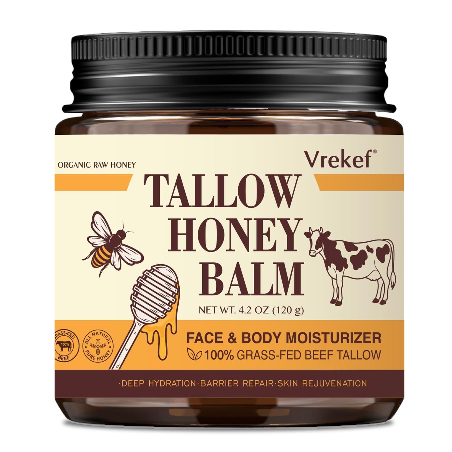 VREKEF Beef Tallow Balm for Skin – Grass-Fed Tallow, Honey, Sea Buckthorn & Shea Butter (4.2 oz)