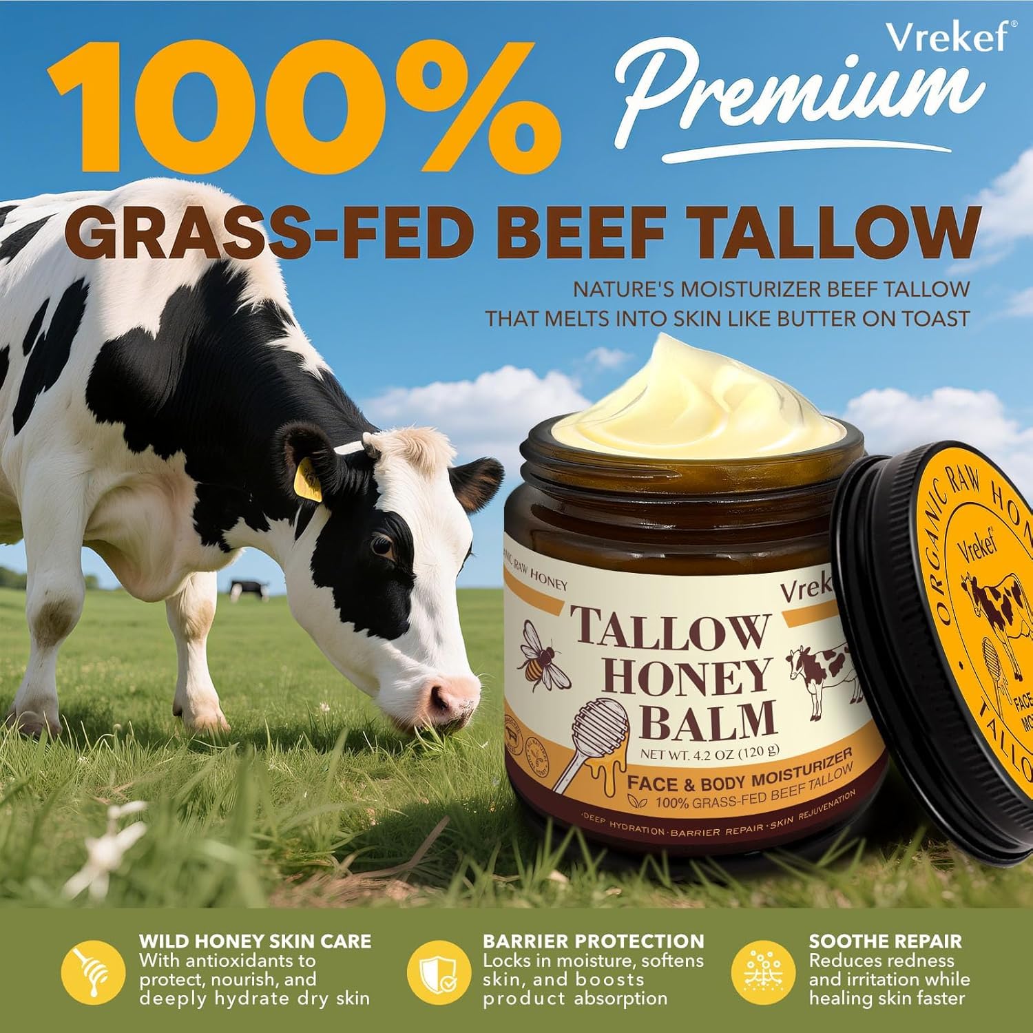 VREKEF Beef Tallow Balm for Skin – Grass-Fed Tallow, Honey, Sea Buckthorn & Shea Butter (4.2 oz)