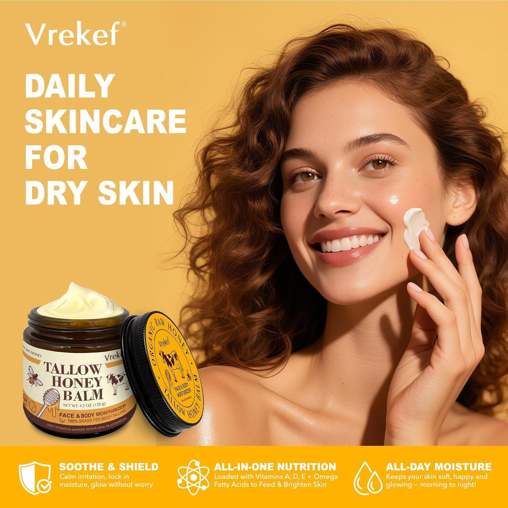 VREKEF Beef Tallow Balm for Skin – Grass-Fed Tallow, Honey, Sea Buckthorn & Shea Butter (4.2 oz)