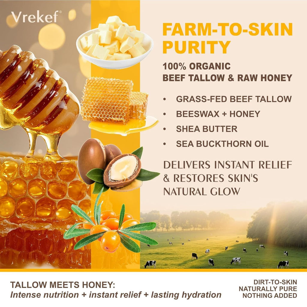 VREKEF Beef Tallow Balm for Skin – Grass-Fed Tallow, Honey, Sea Buckthorn & Shea Butter (4.2 oz)