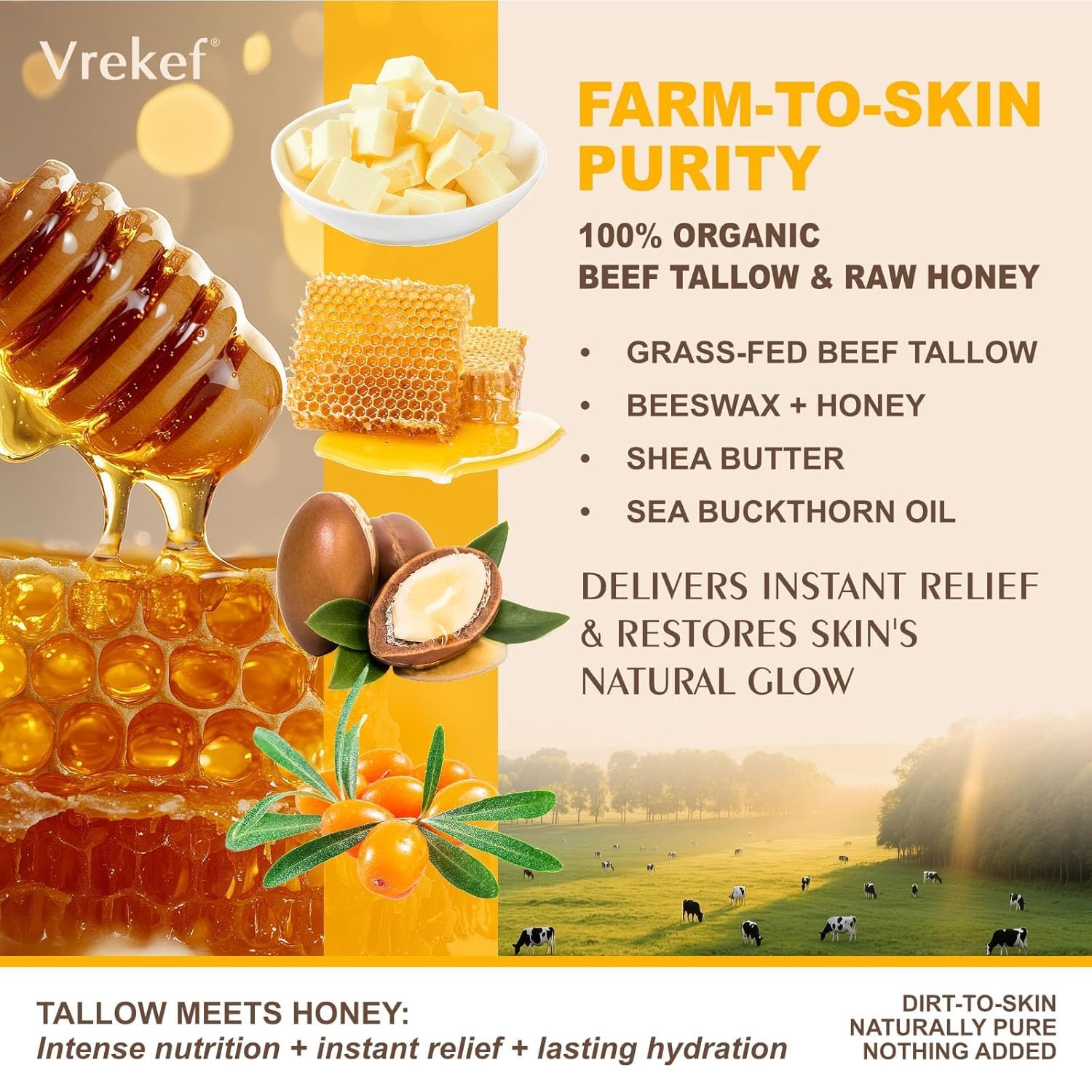 VREKEF Beef Tallow Balm for Skin – Grass-Fed Tallow, Honey, Sea Buckthorn & Shea Butter (4.2 oz)
