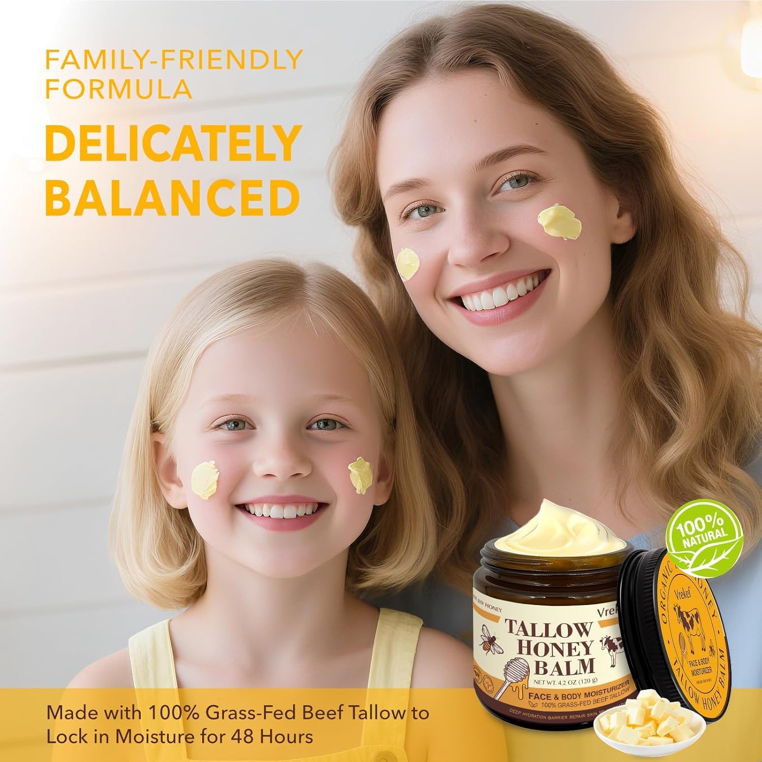 VREKEF Beef Tallow Balm for Skin – Grass-Fed Tallow, Honey, Sea Buckthorn & Shea Butter (4.2 oz)