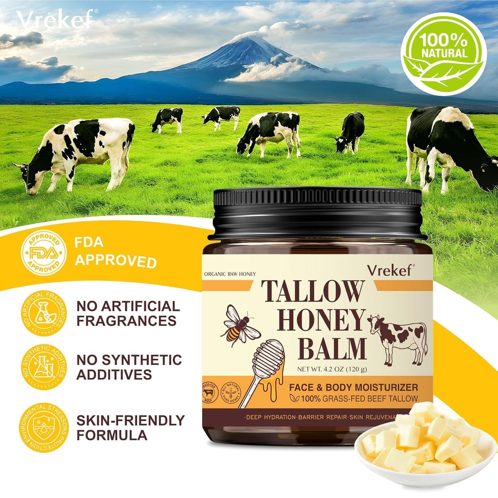 VREKEF Beef Tallow Balm for Skin – Grass-Fed Tallow, Honey, Sea Buckthorn & Shea Butter (4.2 oz)