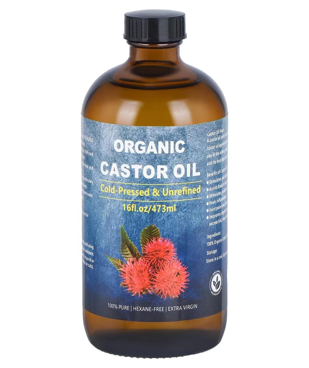 VRJEUGO Organic Castor Oil – Cold Pressed, Unrefined, 16oz in Amber Glass