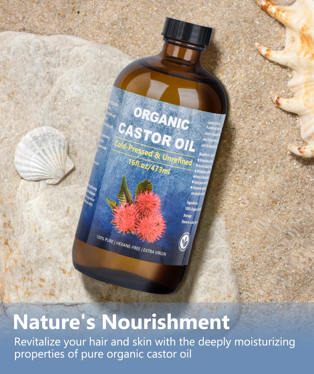 VRJEUGO Organic Castor Oil – Cold Pressed, Unrefined, 16oz in Amber Glass