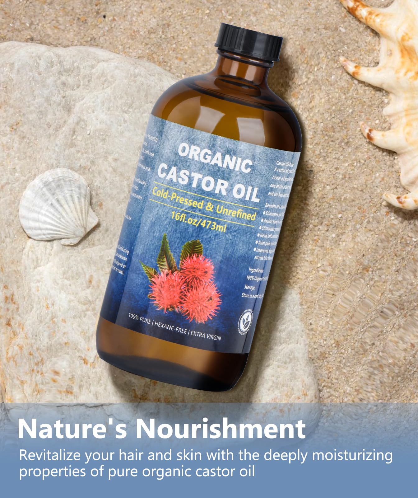 VRJEUGO Organic Castor Oil – Cold Pressed, Unrefined, 16oz in Amber Glass
