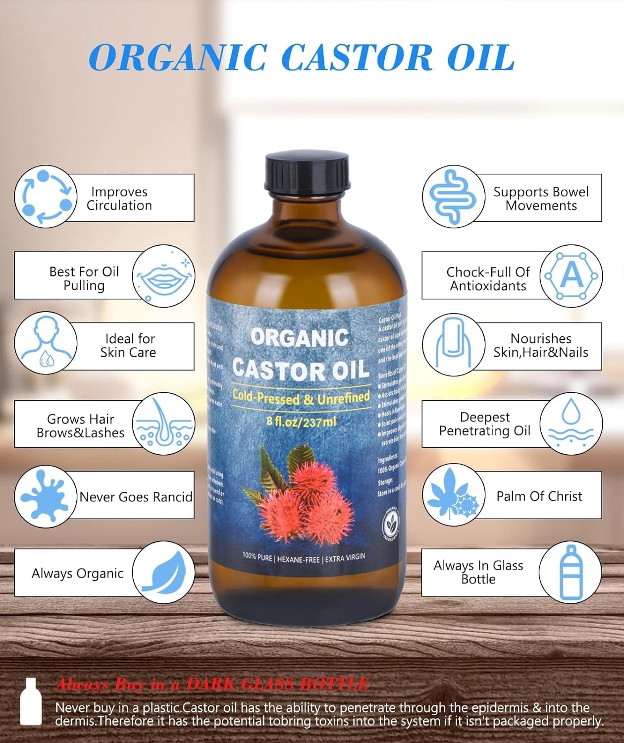 VRJEUGO Organic Castor Oil for Face Roll-On – Deep Hydration, Rollerball, 8oz Amber Glass (2 Rollers)