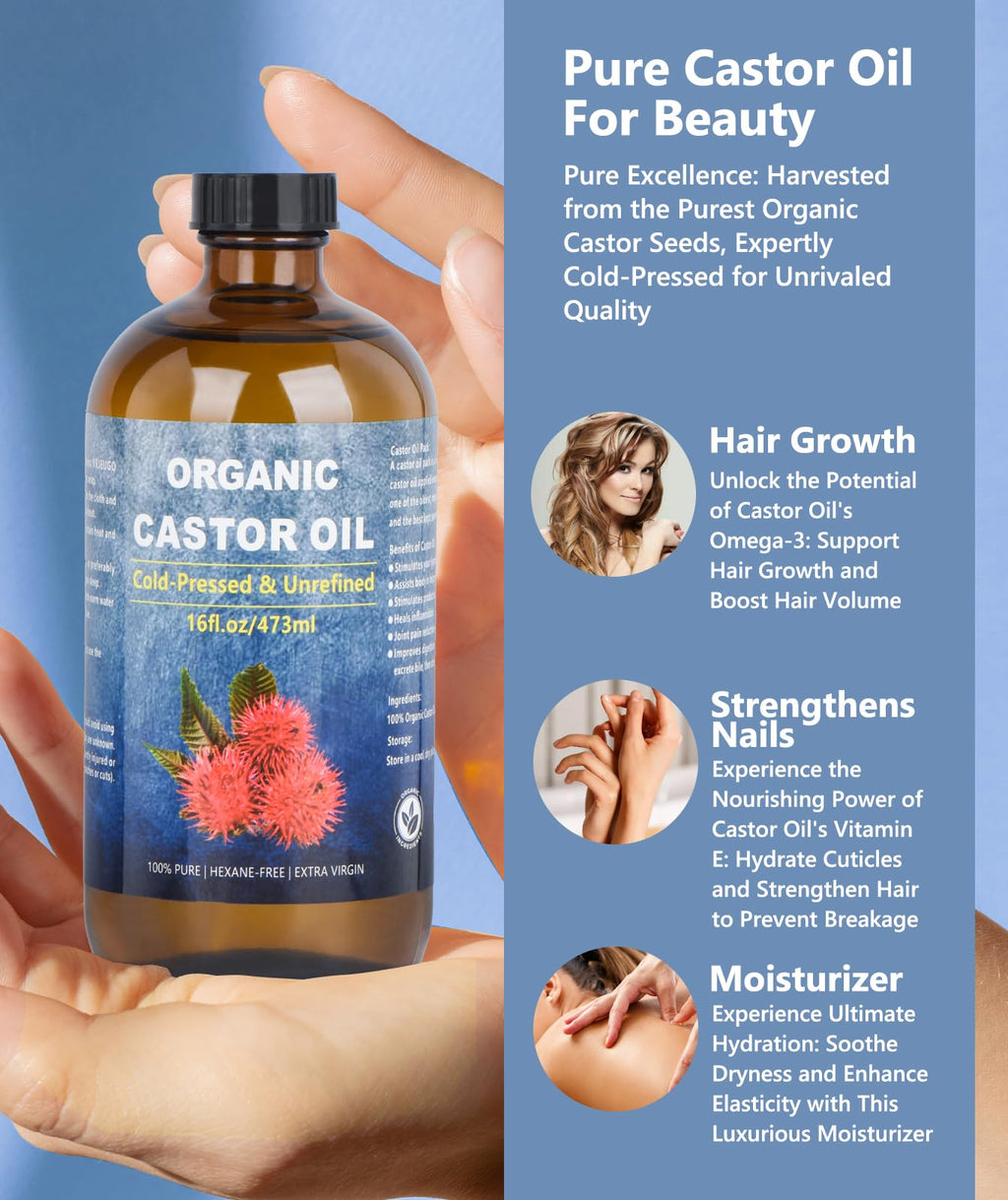 VRJEUGO Organic Castor Oil – Cold Pressed, Unrefined, 16oz in Amber Glass