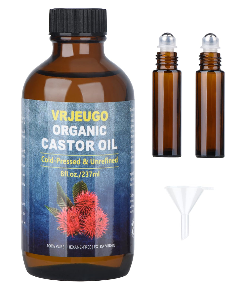 VRJEUGO Organic Castor Oil for Face Roll-On – Deep Hydration, Rollerball, 8oz Amber Glass (2 Rollers)