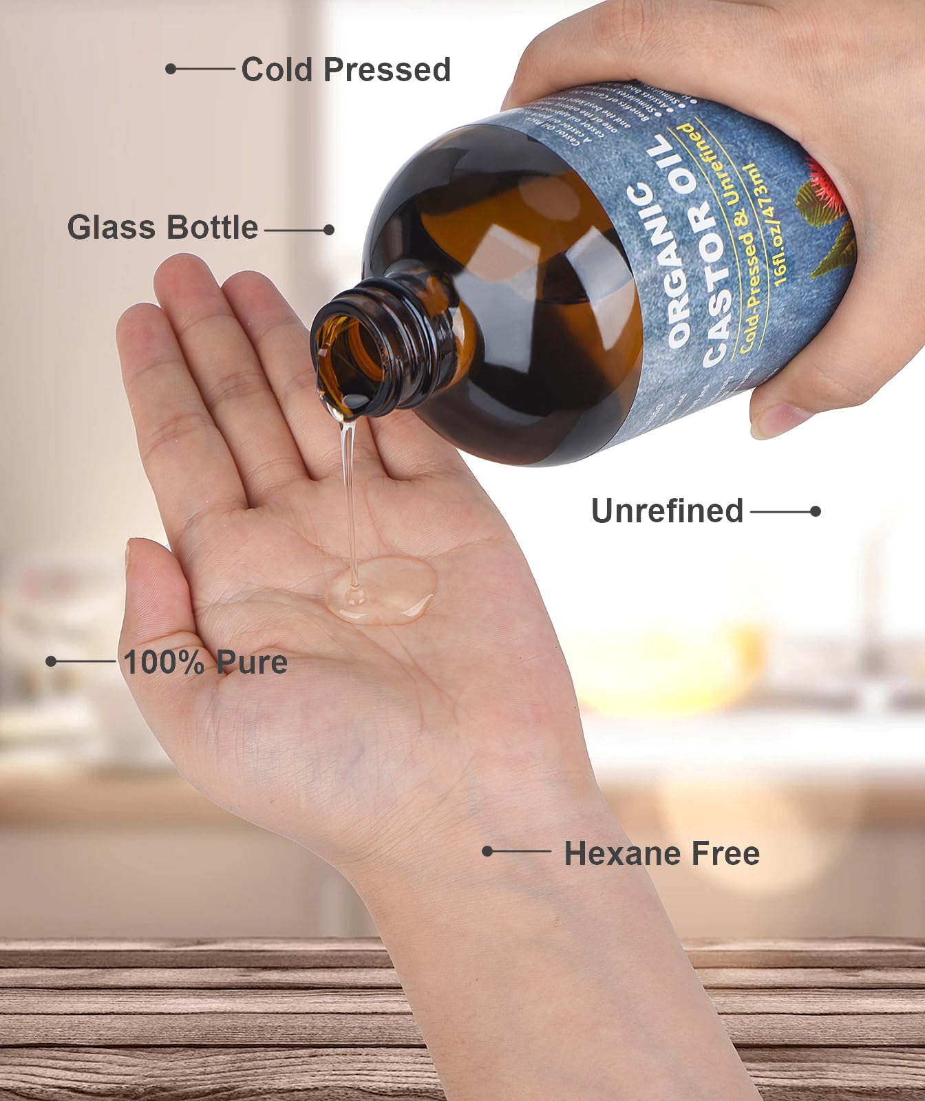 VRJEUGO Organic Castor Oil – Cold Pressed, Unrefined, 16oz in Amber Glass