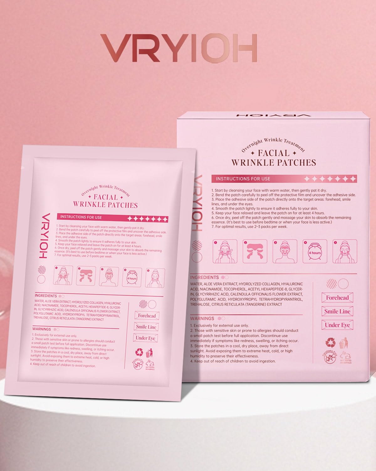 Vryioh 3-in-1 Forehead, Smile Line & Under Eye Patches – Overnight Hyaluronic Acid + Collagen
