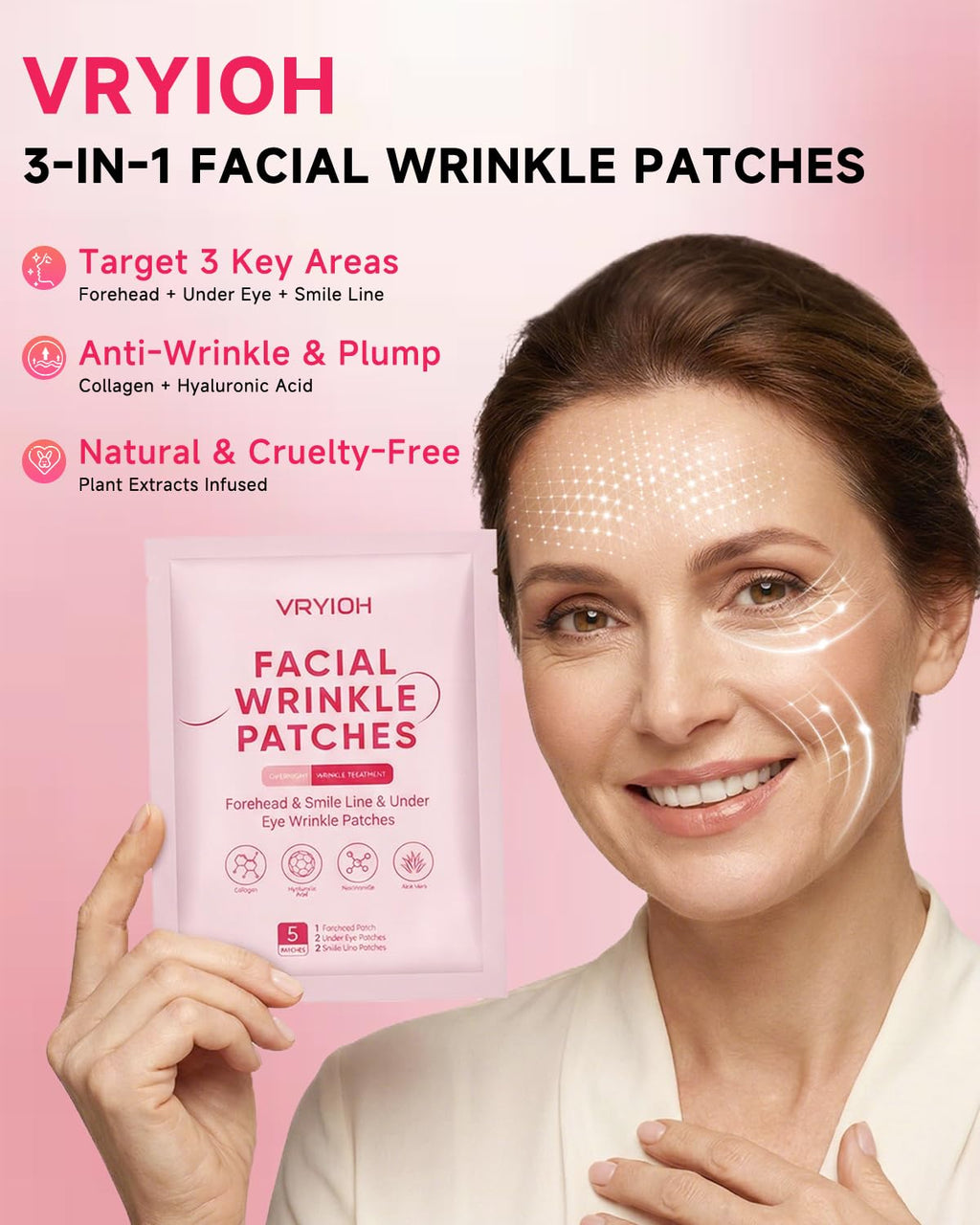Vryioh 3-in-1 Forehead, Smile Line & Under Eye Patches – Overnight Hyaluronic Acid + Collagen