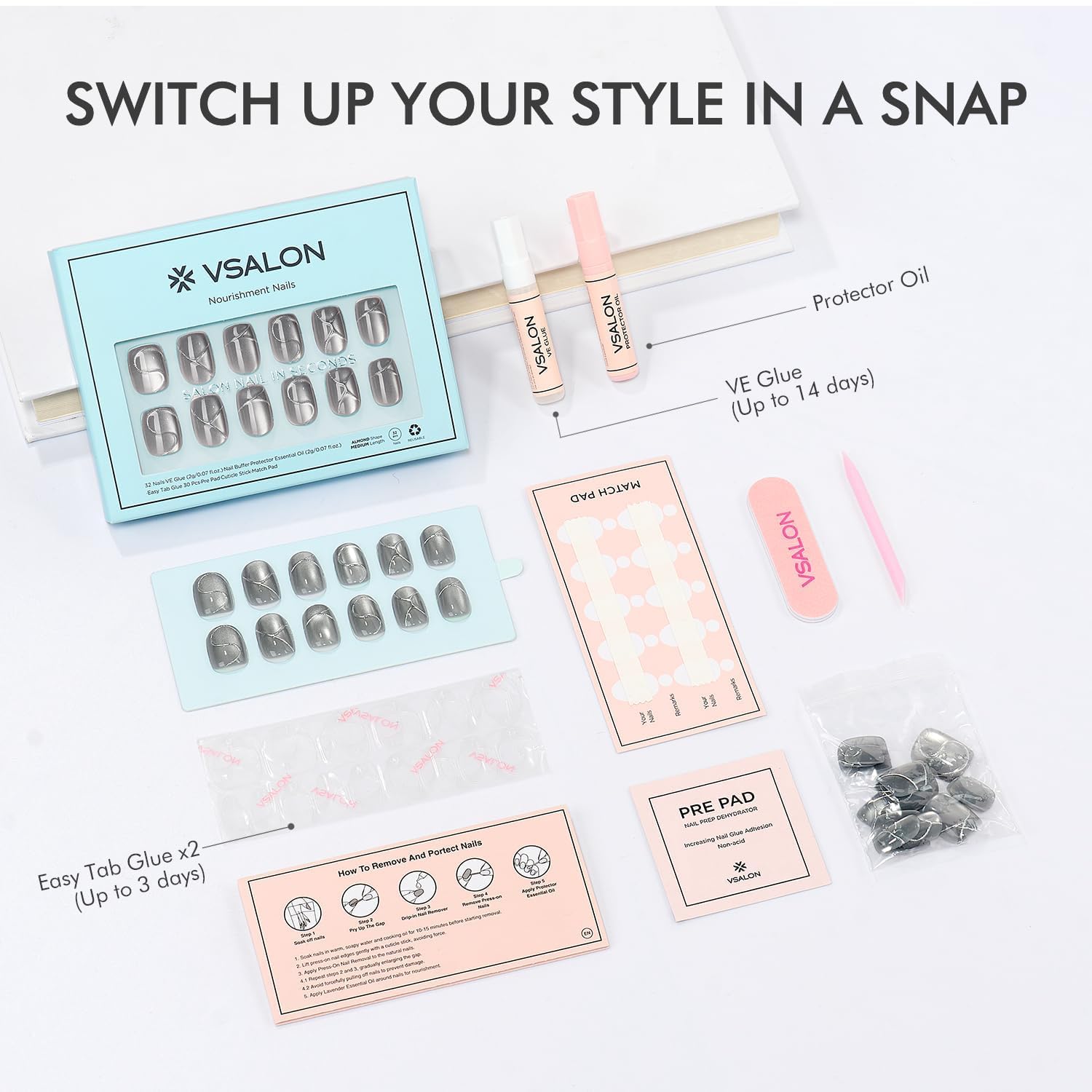 VSALON Press On Nails Short Square – Silver Gray Cat Eye Gloss, 32 Pcs, 16 Sizes, Glue & Cuticle Oil