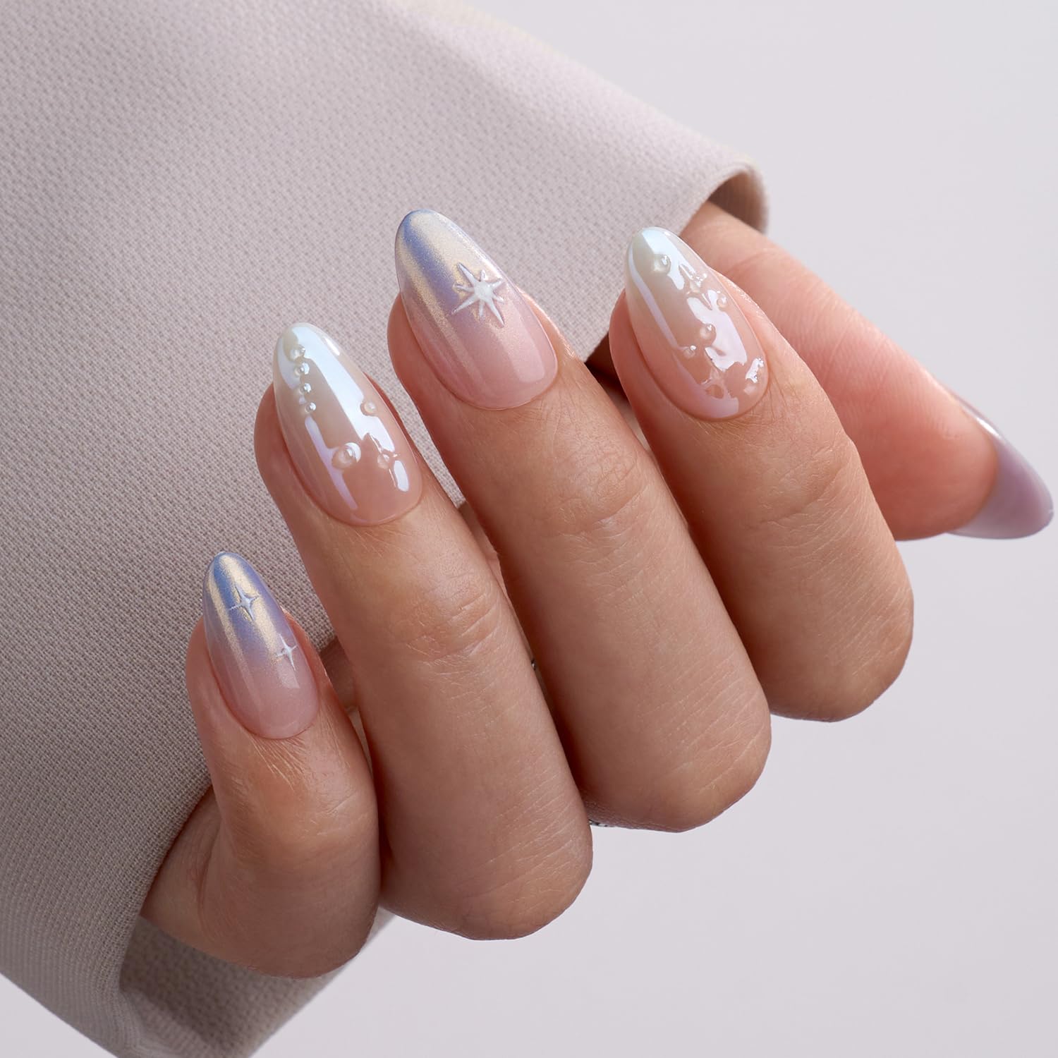 VSALON Press-On Nails Short Almond – Chrome Ombre 3D Star Kit | 42 PCS + Full Tool Kit