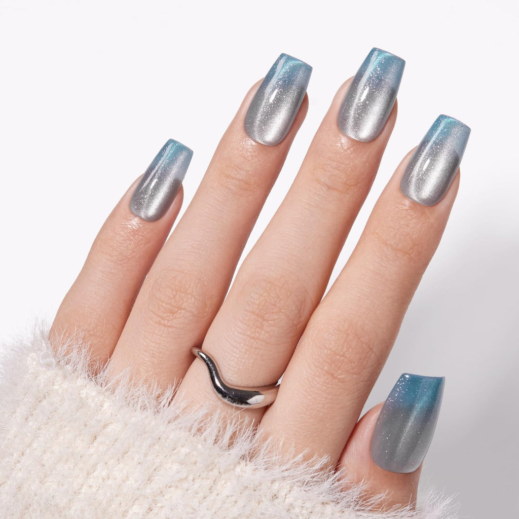 VSALON Press-On Nails Medium Coffin – Ice Blue Cat Eye Chrome Shimmer Ombre, 32 Pcs Kit