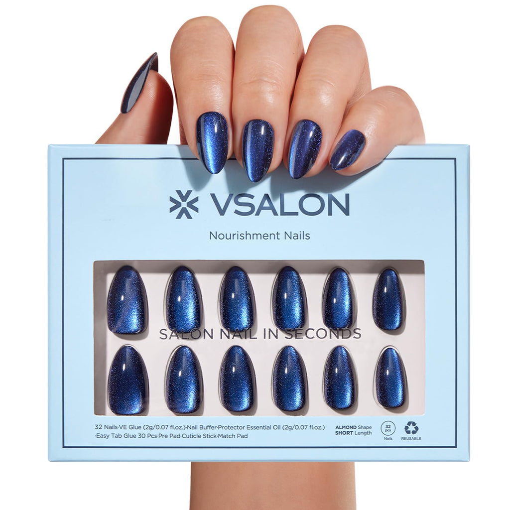 VSALON Press On Nails Short Almond - Blue Cat Eye Chrome Kit | 32 Pcs, 16 Sizes, Midnight Tide