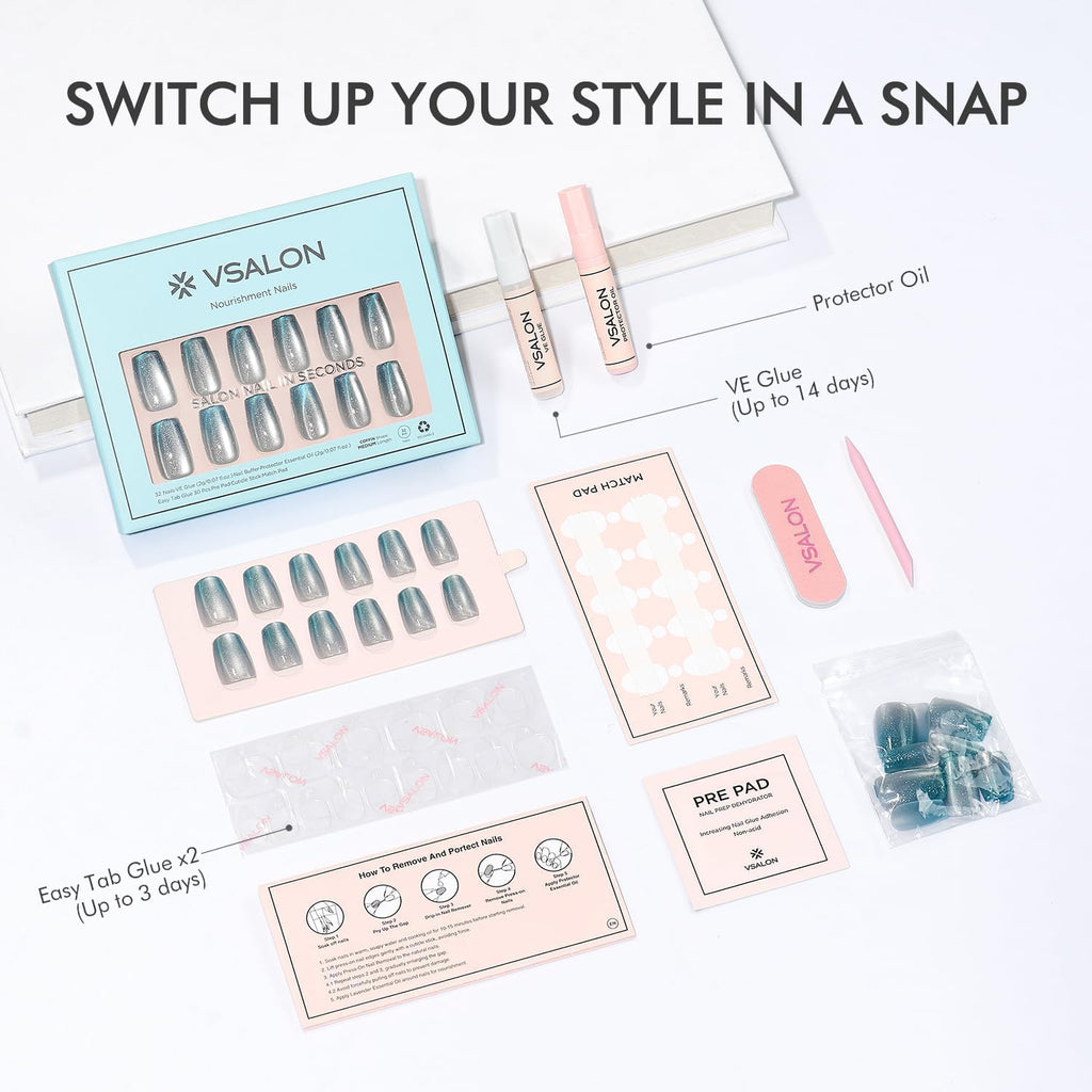 VSALON Press-On Nails Medium Coffin – Ice Blue Cat Eye Chrome Shimmer Ombre, 32 Pcs Kit
