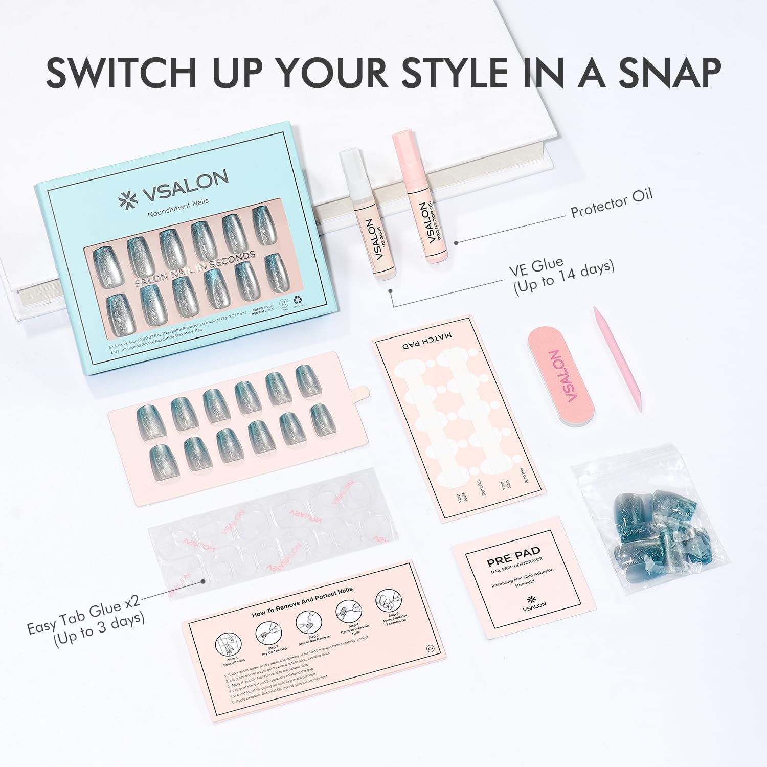 VSALON Press-On Nails Medium Coffin – Ice Blue Cat Eye Chrome Shimmer Ombre, 32 Pcs Kit