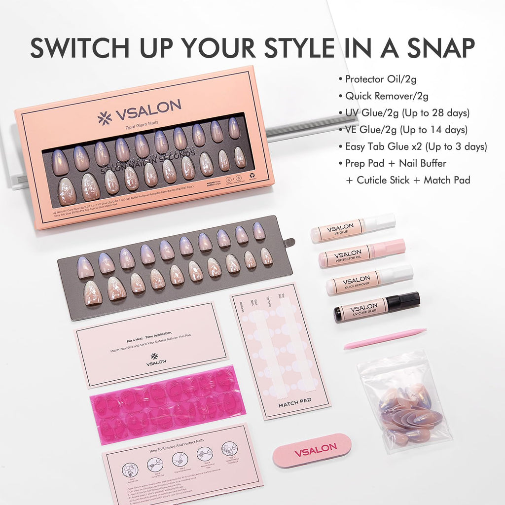 VSALON Press-On Nails Short Almond – Chrome Ombre 3D Star Kit | 42 PCS + Full Tool Kit