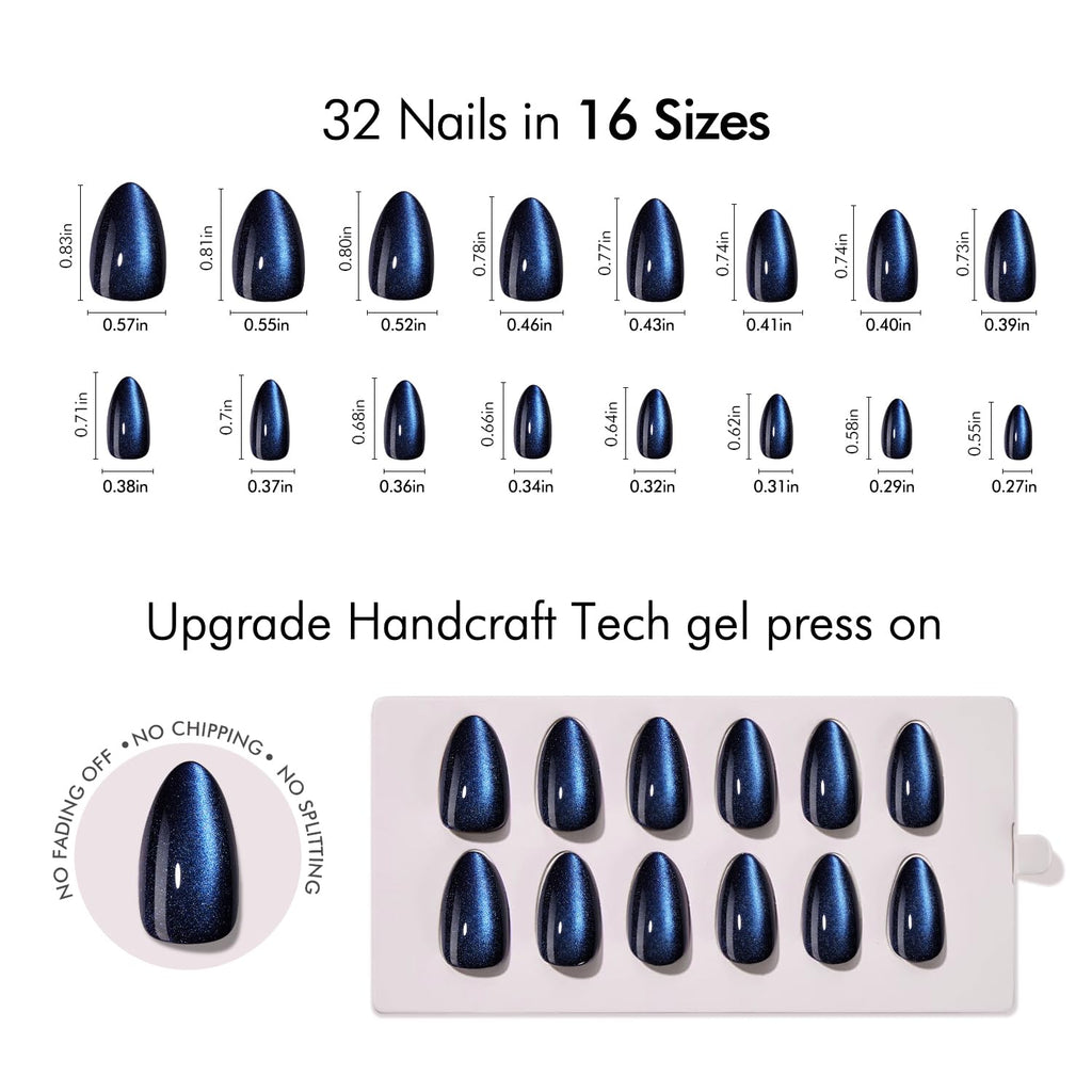 VSALON Press On Nails Short Almond - Blue Cat Eye Chrome Kit | 32 Pcs, 16 Sizes, Midnight Tide