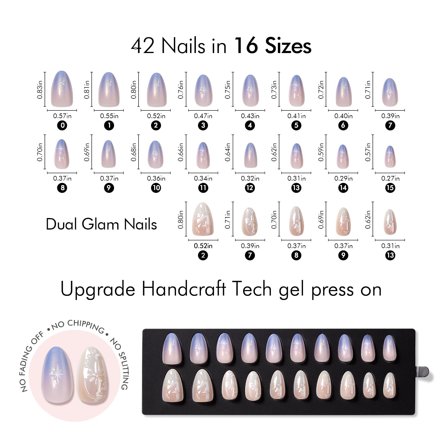 VSALON Press-On Nails Short Almond – Chrome Ombre 3D Star Kit | 42 PCS + Full Tool Kit