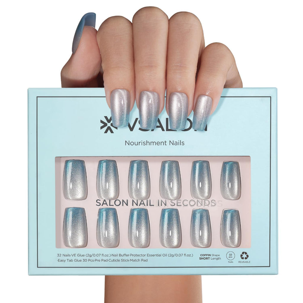VSALON Press-On Nails Medium Coffin – Ice Blue Cat Eye Chrome Shimmer Ombre, 32 Pcs Kit