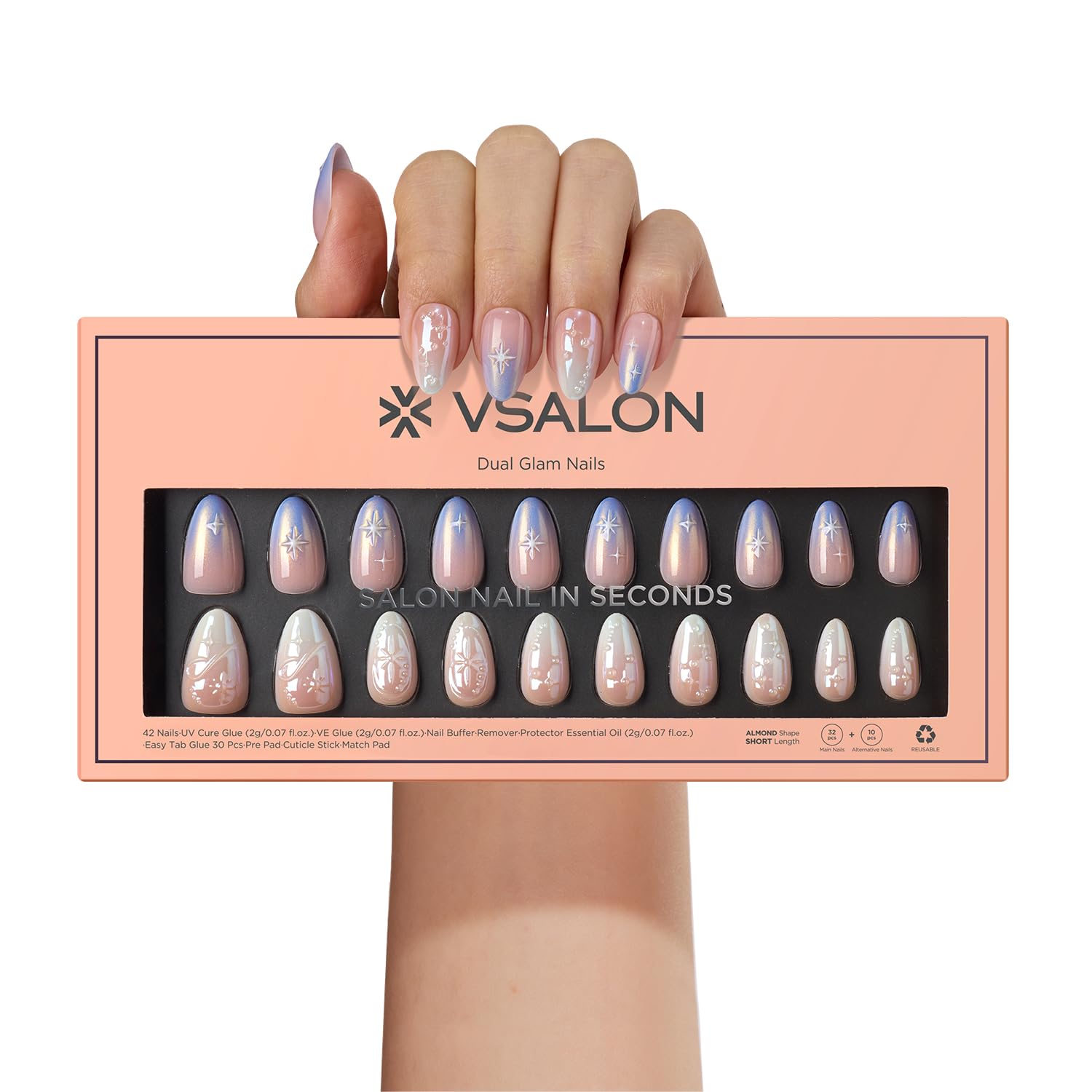 VSALON Press-On Nails Short Almond – Chrome Ombre 3D Star Kit | 42 PCS + Full Tool Kit
