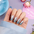 VSALON Press-On Nails Medium Coffin – Ice Blue Cat Eye Chrome Shimmer Ombre, 32 Pcs Kit