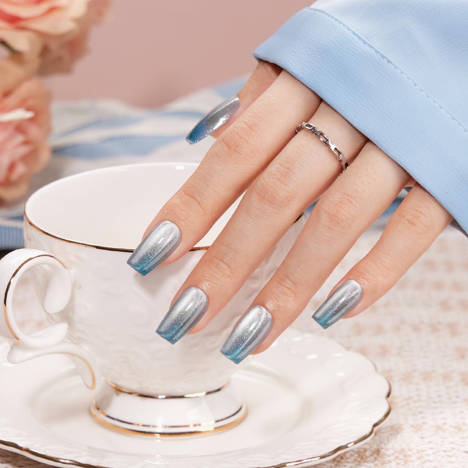 VSALON Press-On Nails Medium Coffin – Ice Blue Cat Eye Chrome Shimmer Ombre, 32 Pcs Kit