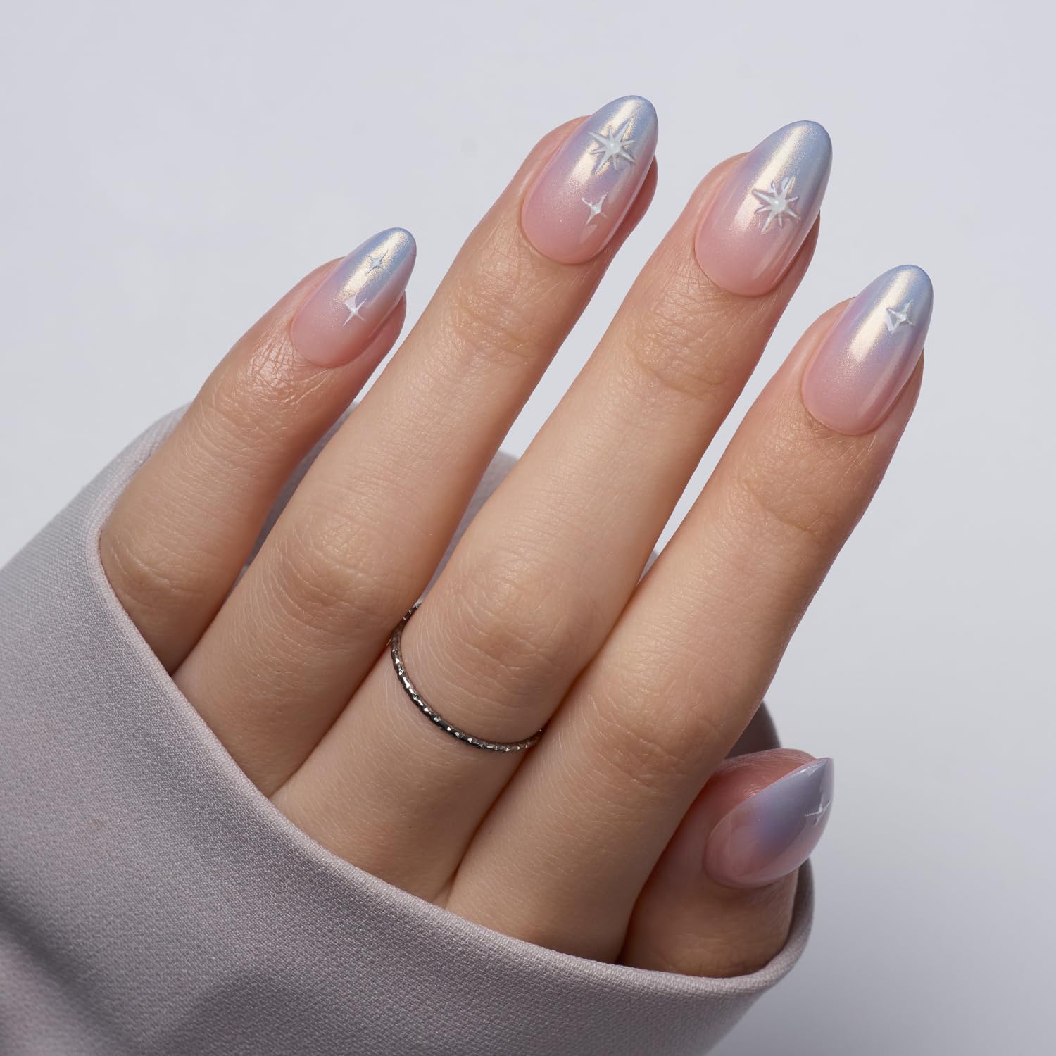 VSALON Press-On Nails Short Almond – Chrome Ombre 3D Star Kit | 42 PCS + Full Tool Kit