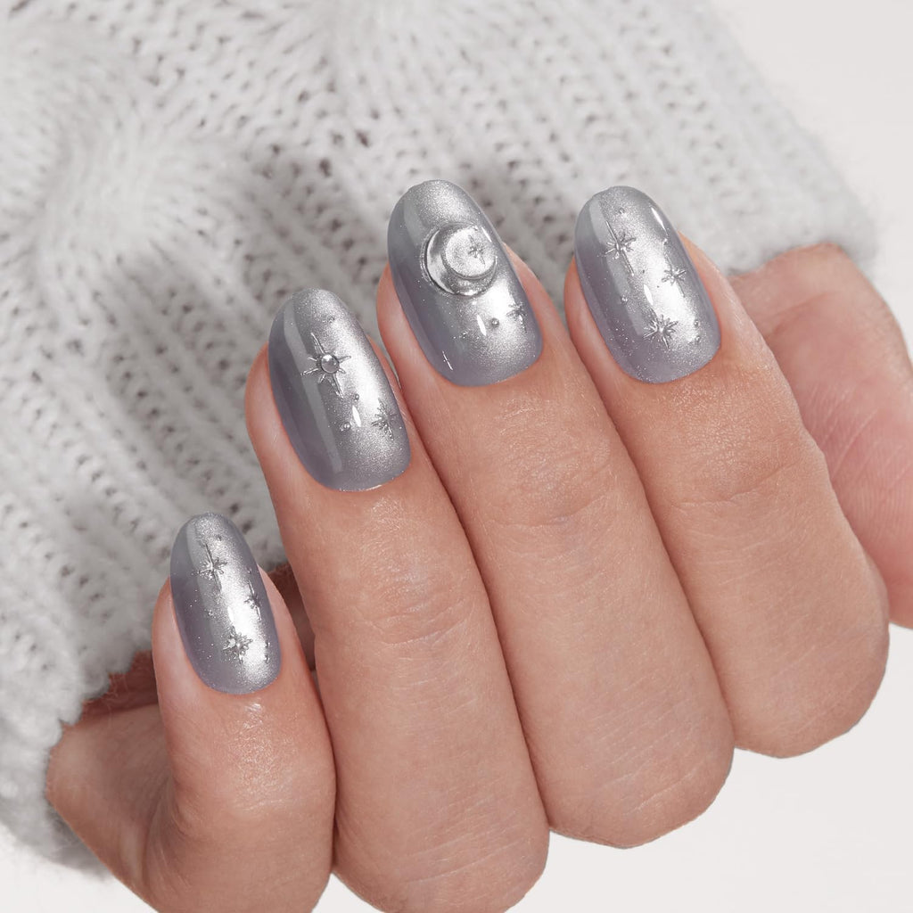 VSALON Press On Nails Short Oval – Silver Gray Cat Eye, 3D Star Moon Design