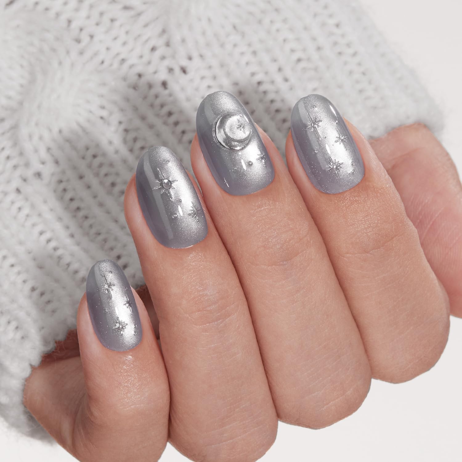 VSALON Press On Nails Short Oval – Silver Gray Cat Eye, 3D Star Moon Design